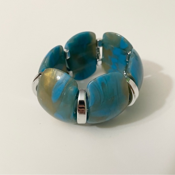Vintage Blue Swirl Silver Tone Wide Lucite Stretch Bracelet - Picture 2 of 16